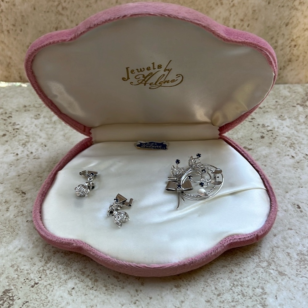 Jewels By Helene Sterling Silver Earrings Pin Set Velvet Presentation Box